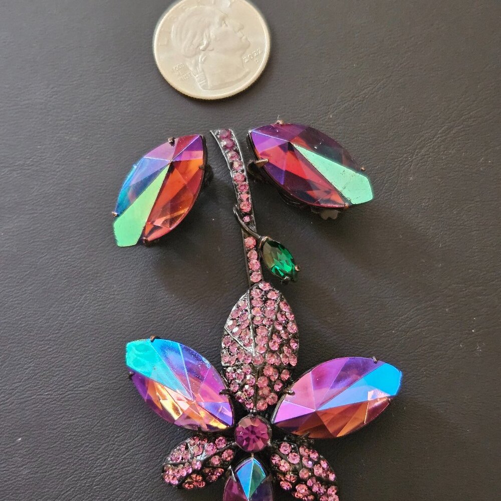 Vintage Hollycraft Rhinestone Flower Brooch & Earring Set - Picture 5 of 10